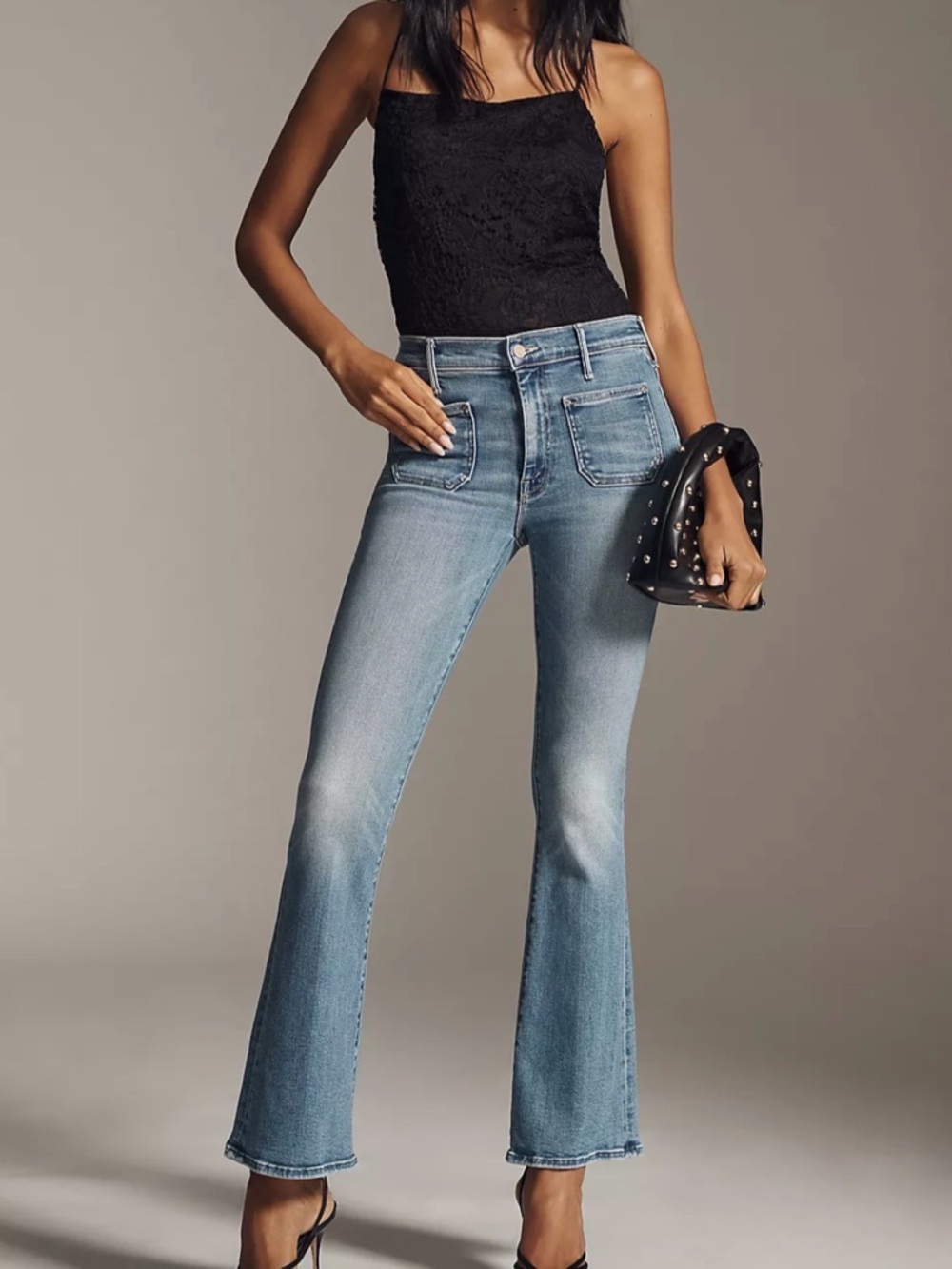 MOTHER Light Blue Flare Jeans with Front Patch Pockets